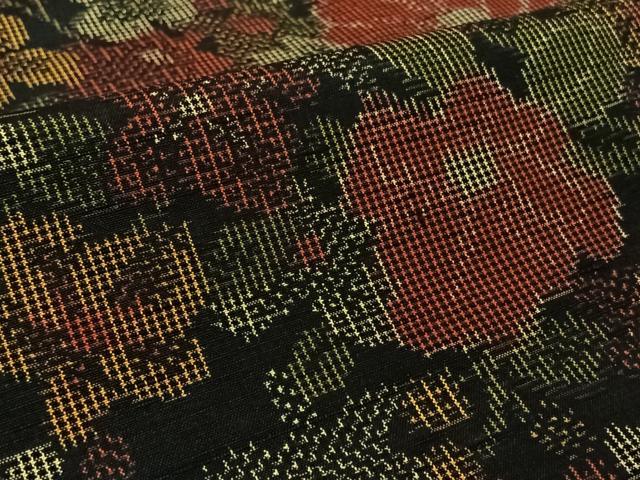 平和屋着物▽上質な紬　単衣　草花文　黒地　正絹　逸品　AABL3793jh