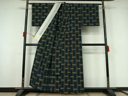 平和屋着物▽上質な紬　単衣　絣文様　正絹　逸品　AABL3795jh