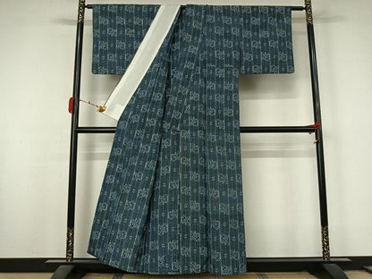 平和屋着物▽上質な紬　単衣　井桁絣　正絹　逸品　AABL3799jh