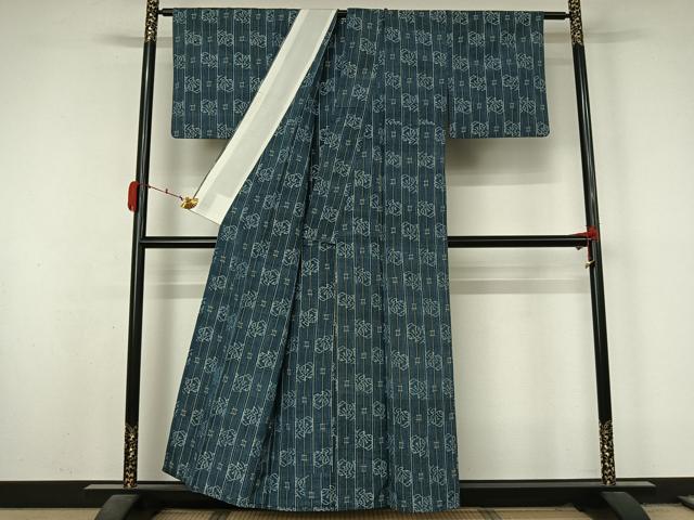 平和屋着物▽上質な紬　単衣　井桁絣　正絹　逸品　AABL3799jh