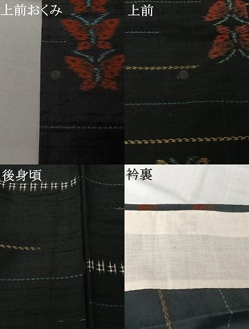 平和屋着物▽上質な紬　単衣　横段舞蝶文　黒地　正絹　逸品　AABL3800jh