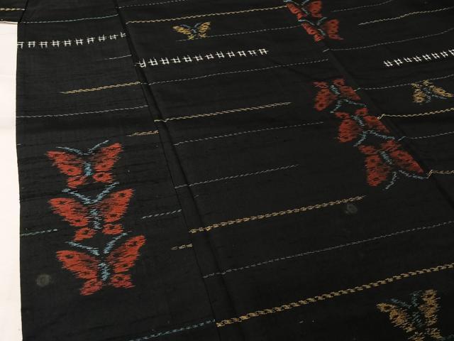 平和屋着物▽上質な紬　単衣　横段舞蝶文　黒地　正絹　逸品　AABL3800jh