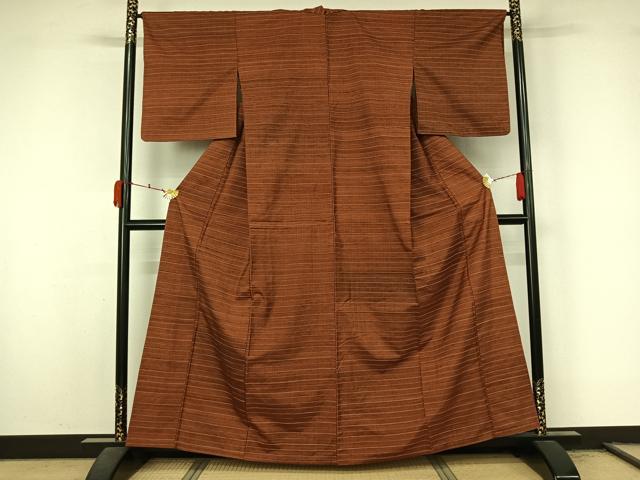 平和屋着物▽上質な紬　単衣　横段文　正絹　逸品　AABL3803jh