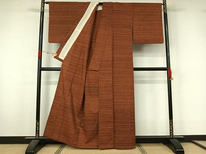平和屋着物▽上質な紬　単衣　横段文　正絹　逸品　AABL3803jh