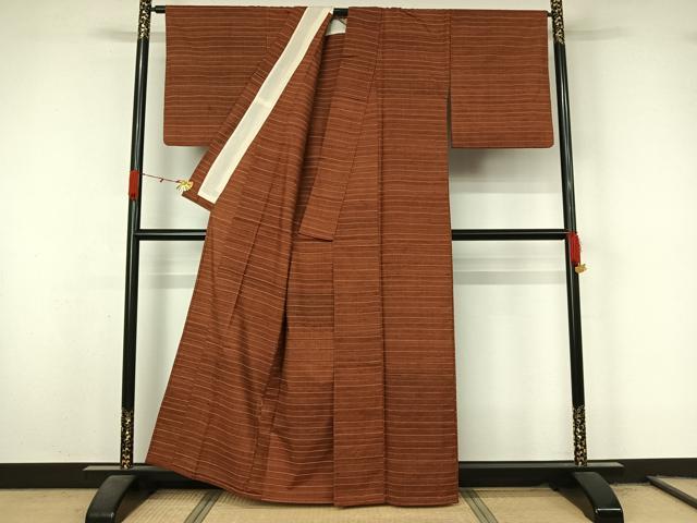 平和屋着物▽上質な紬　単衣　横段文　正絹　逸品　AABL3803jh