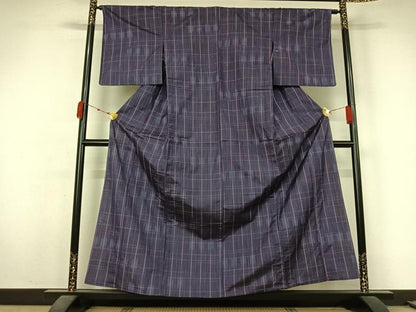 平和屋着物▽上質な紬　単衣　格子　正絹　逸品　AABL3804jh