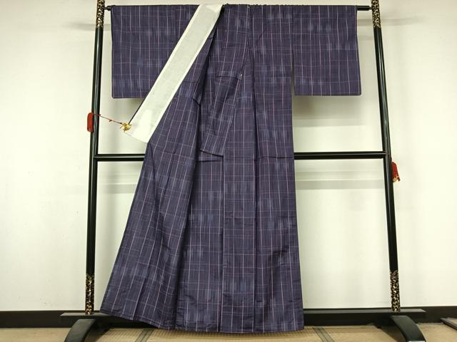平和屋着物▽上質な紬　単衣　格子　正絹　逸品　AABL3804jh