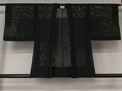 平和屋着物▽羽織　スリーシーズン　春夏秋　塵除け　草花文　黒地　正絹　逸品　AABL3807jh
