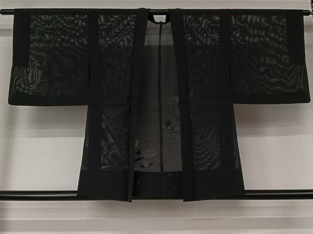平和屋着物▽羽織　スリーシーズン　春夏秋　塵除け　草花文　黒地　正絹　逸品　AABL3807jh