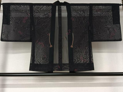 平和屋着物▽羽織　スリーシーズン　春夏秋　塵除け　草花文　黒地　正絹　逸品　AABL3812jh
