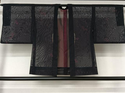 平和屋着物▽羽織　スリーシーズン　春夏秋　塵除け　草花文　黒地　正絹　逸品　AABL3812jh