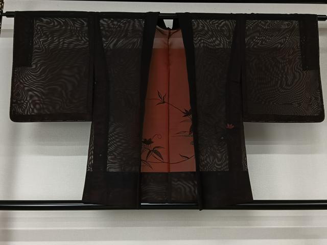平和屋着物▽羽織　スリーシーズン　春夏秋　塵除け　紗　流水花文　黒地　正絹　逸品　未使用　AABL3825jh