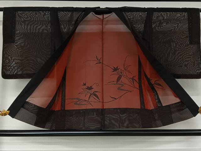 平和屋着物▽羽織　スリーシーズン　春夏秋　塵除け　紗　流水花文　黒地　正絹　逸品　未使用　AABL3825jh