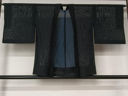 平和屋着物▽羽織　スリーシーズン　春夏秋　塵除け　紗　草花文　黒地　正絹　逸品　未使用　AABL3834jh
