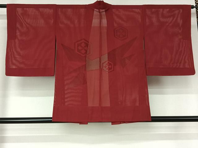 平和屋着物▽羽織　スリーシーズン　春夏秋　塵除け　紗　亀甲花菱文　真紅色　正絹　逸品　AABL3841jh