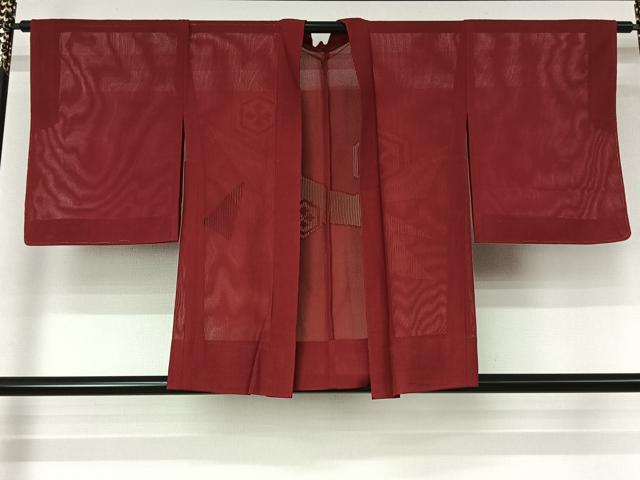 平和屋着物▽羽織　スリーシーズン　春夏秋　塵除け　紗　亀甲花菱文　真紅色　正絹　逸品　AABL3841jh