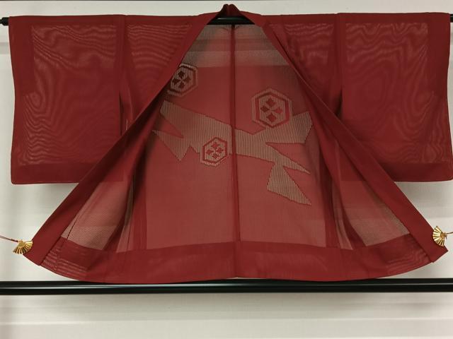 平和屋着物▽羽織　スリーシーズン　春夏秋　塵除け　紗　亀甲花菱文　真紅色　正絹　逸品　AABL3841jh