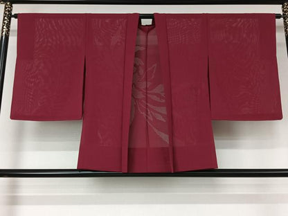 平和屋着物▽羽織　スリーシーズン　春夏秋　塵除け　絽　草花文　中紅色　正絹　逸品　AABL3843jh