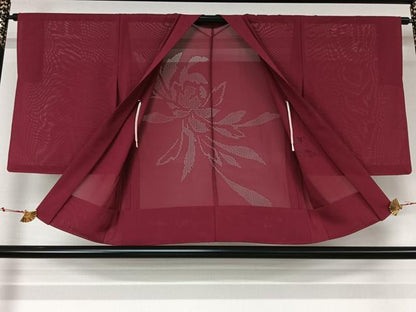 平和屋着物▽羽織　スリーシーズン　春夏秋　塵除け　絽　草花文　中紅色　正絹　逸品　AABL3843jh