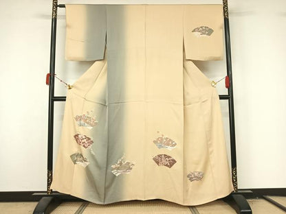 平和屋着物▽訪問着　単衣　刺繍　地紙花文　暈し染め　金銀彩　正絹　逸品　AABL3846jh