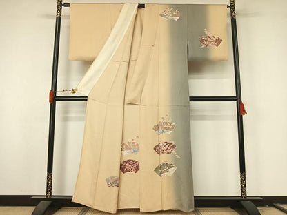 平和屋着物▽訪問着　単衣　刺繍　地紙花文　暈し染め　金銀彩　正絹　逸品　AABL3846jh