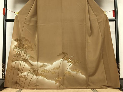 平和屋着物▽訪問着　単衣　駒刺繍　笹竹楽器文　暈し染め　金彩　正絹　逸品　AABL3855jh
