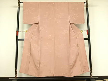 平和屋着物▽上質な色無地　単衣　草花地紋　薄柿色　正絹　逸品　AABL3856jh