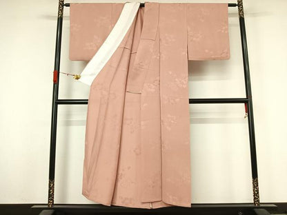 平和屋着物▽上質な色無地　単衣　草花地紋　薄柿色　正絹　逸品　AABL3856jh