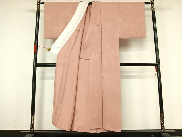 平和屋着物▽上質な色無地　単衣　草花地紋　薄柿色　正絹　逸品　AABL3856jh