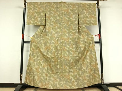 平和屋着物▽上質な紬　単衣　葉尽くし文　正絹　逸品　AABL3864jh