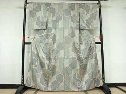 平和屋着物▽上質な小紋　単衣　亀甲鹿の子文　正絹　逸品　AABL3872jh