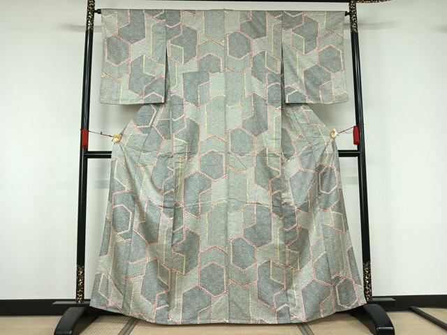 平和屋着物▽上質な小紋　単衣　亀甲鹿の子文　正絹　逸品　AABL3872jh