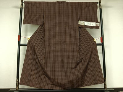平和屋着物▽西陣　三代目市三郎　繭紬　単衣　格子　証紙付き　正絹　逸品　AABL3874jh