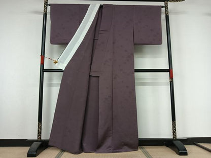 平和屋着物▽上質な色無地　単衣　桐地紋　葡萄鼠色　正絹　逸品　AABL3878jh