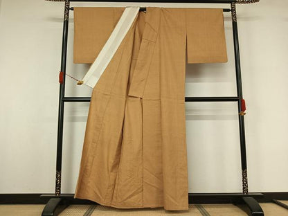 平和屋着物▽上質な紬　単衣　色無地　飴色　正絹　逸品　AABL3881jh