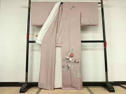 平和屋着物▽訪問着　単衣　友禅　草花文　金彩　正絹　逸品　AABL3882jh