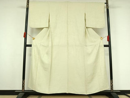 平和屋着物▽上質な色無地　単衣　雲重ね花地紋　若芽色　正絹　逸品　AABL3883jh