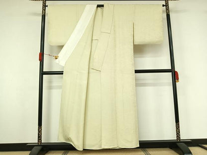 平和屋着物▽上質な色無地　単衣　雲重ね花地紋　若芽色　正絹　逸品　AABL3883jh