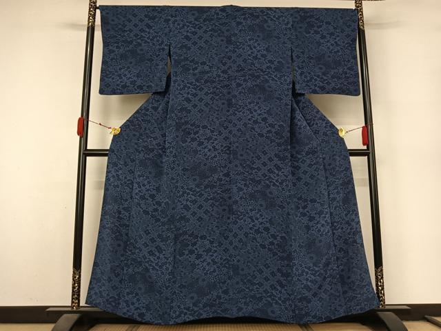 平和屋着物▽上質な小紋　単衣　藍　型染め　草花文　鬼しぼ縮緬　正絹　逸品　AABL3888jh