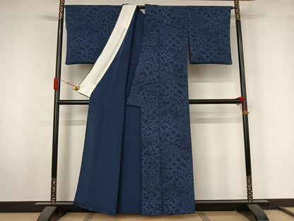 平和屋着物▽上質な小紋　単衣　藍　型染め　草花文　鬼しぼ縮緬　正絹　逸品　AABL3888jh