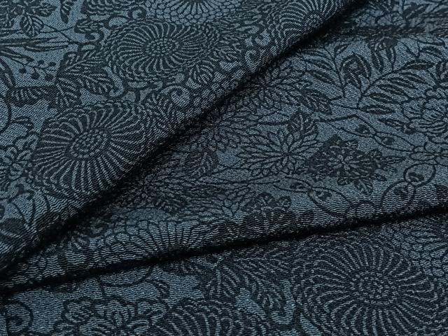平和屋着物▽上質な小紋　単衣　藍　型染め　草花文　鬼しぼ縮緬　正絹　逸品　AABL3888jh