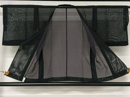 平和屋着物▽道行コート　スリーシーズン　春夏秋　塵除け　縞　黒地　正絹　逸品　AABL3892jh