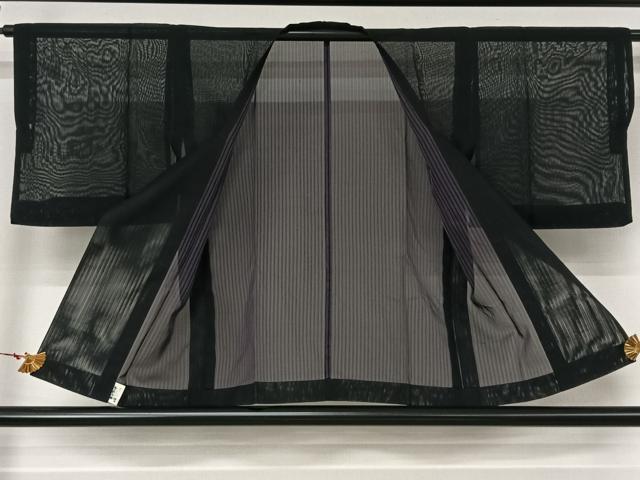 平和屋着物▽道行コート　スリーシーズン　春夏秋　塵除け　縞　黒地　正絹　逸品　AABL3892jh