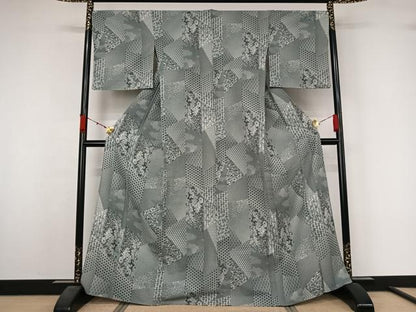 平和屋着物▽小紋　単衣　切嵌花文　洗える着物　AABL3893jh