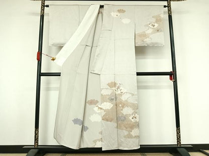 平和屋着物▽訪問着　単衣　絞り　刺繍　地紙花文　金糸　金彩　正絹　逸品　AABL3898jh