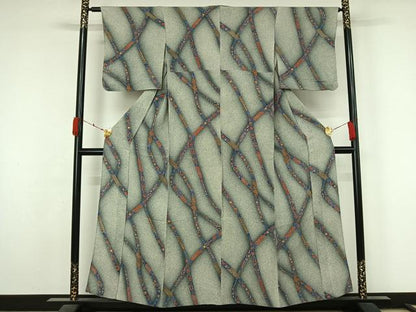 平和屋着物▽上質な小紋　単衣　手描き　鬘帯花文　鬼しぼ縮緬　正絹　逸品　AABL3903jh