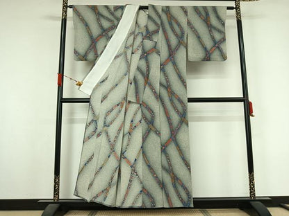 平和屋着物▽上質な小紋　単衣　手描き　鬘帯花文　鬼しぼ縮緬　正絹　逸品　AABL3903jh