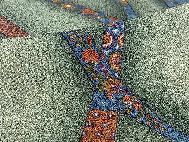 平和屋着物▽上質な小紋　単衣　手描き　鬘帯花文　鬼しぼ縮緬　正絹　逸品　AABL3903jh