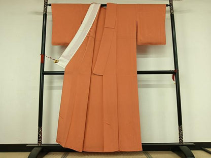 平和屋着物▽上質な色無地　単衣　肉桂色　鬼しぼ縮緬　正絹　逸品　AABL3905jh
