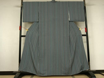 平和屋着物▽上質な小紋　単衣　縞　正絹　逸品　AABL3906jh